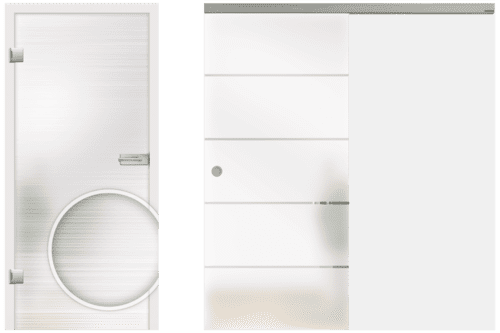 zwei Glastüren stehen nebeneinander, die linke Tür hat Streifen in transparenter Optik, die andere rechte Schiebetür besitzt eine Milchglasoptik