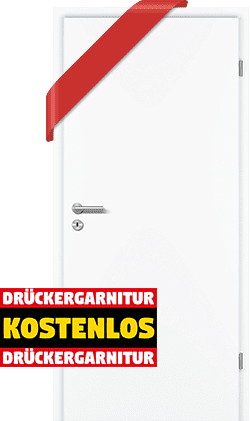 weiße Tür mit roter Geschenkschleife in der linken oberen Ecke, auf der Tür ist ein Schild mit dem Text: "Kostenlos Drückergarnitur"