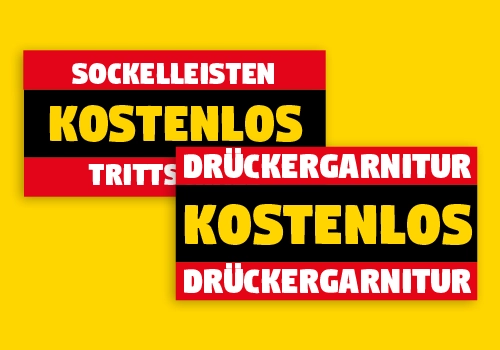 Auf einem gelben Hintergrund sind die beiden Logos "Kostenlos Trittschall & Sockelleisten" und "Kostenlos Drückergarnitur", abgebildet