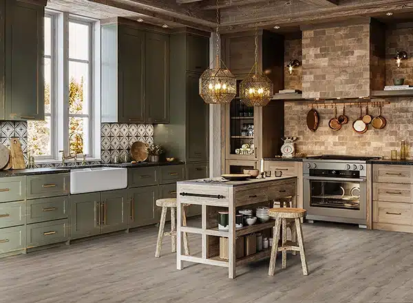 Gemütliche Herbstküche im schicken Design, hochwertiger grau-brauner Vinylboden ist verlegt