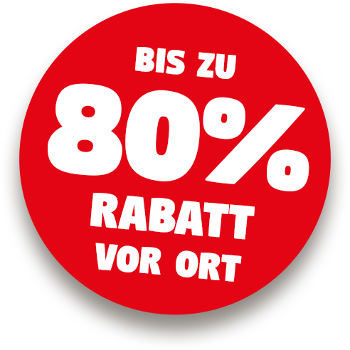 Weißer Schriftzug "Bis zu 80 % Rabatt vor Ort" auf rotem Rabattbutton