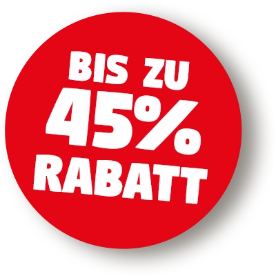 Weißer Schriftzug "Bis zu 80 % Rabatt vor Ort" auf rotem Rabattbutton